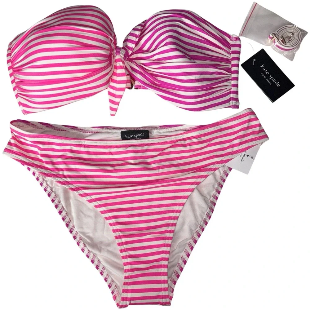 Kate Spade Radiant Pink Striped Bandeau Bikini Set Size Large‎ New With Tags